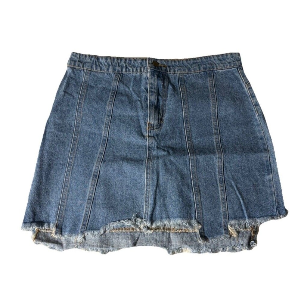 Honey Punch Denim Jean Mini Skirt Large Blue Distressed Raw Frayed Hem Y2K